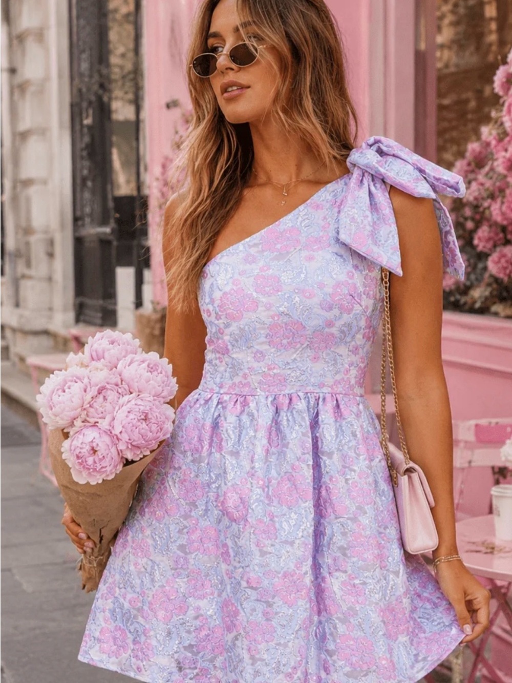 Katydid Lavender Pink One-Shoulder Floral Dress with Bow